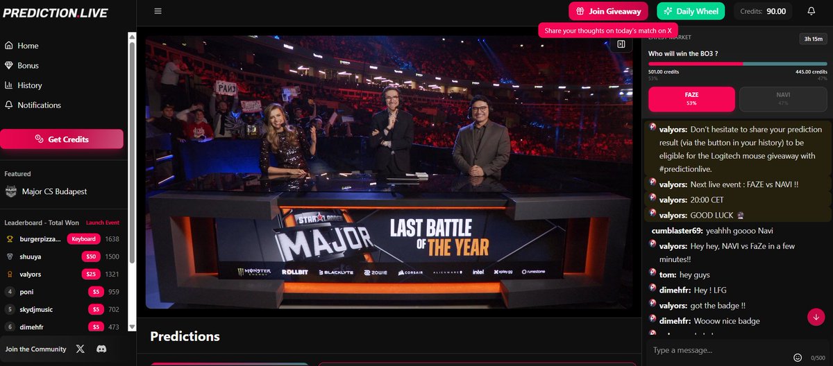 Watching the Budapest Major and just placed my first bet on FaZe on <a href="/prediction_live/">Prediction.Live</a> 

Feels like I just unlocked a new way to watch and predict esports.

a new era has just begun #predictionlive