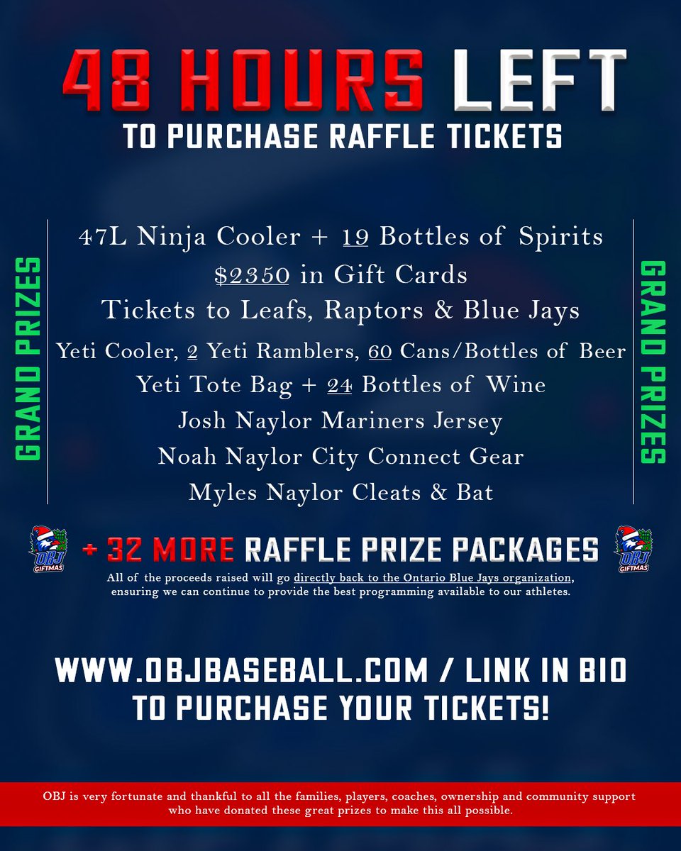 🚨 48 HOURS LEFT 🚨

Time is running out on Giftmas!🎄⚾
With 48 hours remaining, this is your last chance to grab tickets for a shot at over 38 incredible prize packages, including coolers, gift cards, pro sports tickets, signed gear, and more.

Every ticket sold goes directly