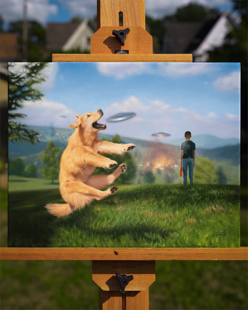 Things the dog in my new oil painting is not worried about today — Day 2:
• Lights in the sky
• Government conspiracies
• Frisbee microplastics