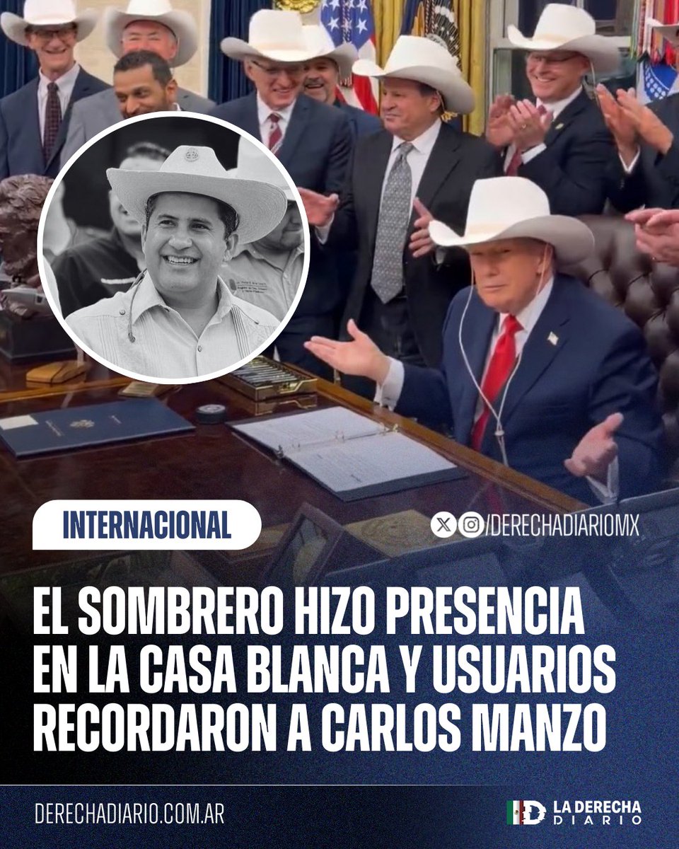 🇲🇽🇺🇸 | ESTÁ EN TODOS LADOS: El presidente Trump se reunió con miembros de un famoso equipo de Hockey en donde se hizo presente un icónico sombrero blanco que los usuarios de redes sociales no tardaron en asociar con el legendario Carlos Manzo, sin embargo la reunión no estuvo