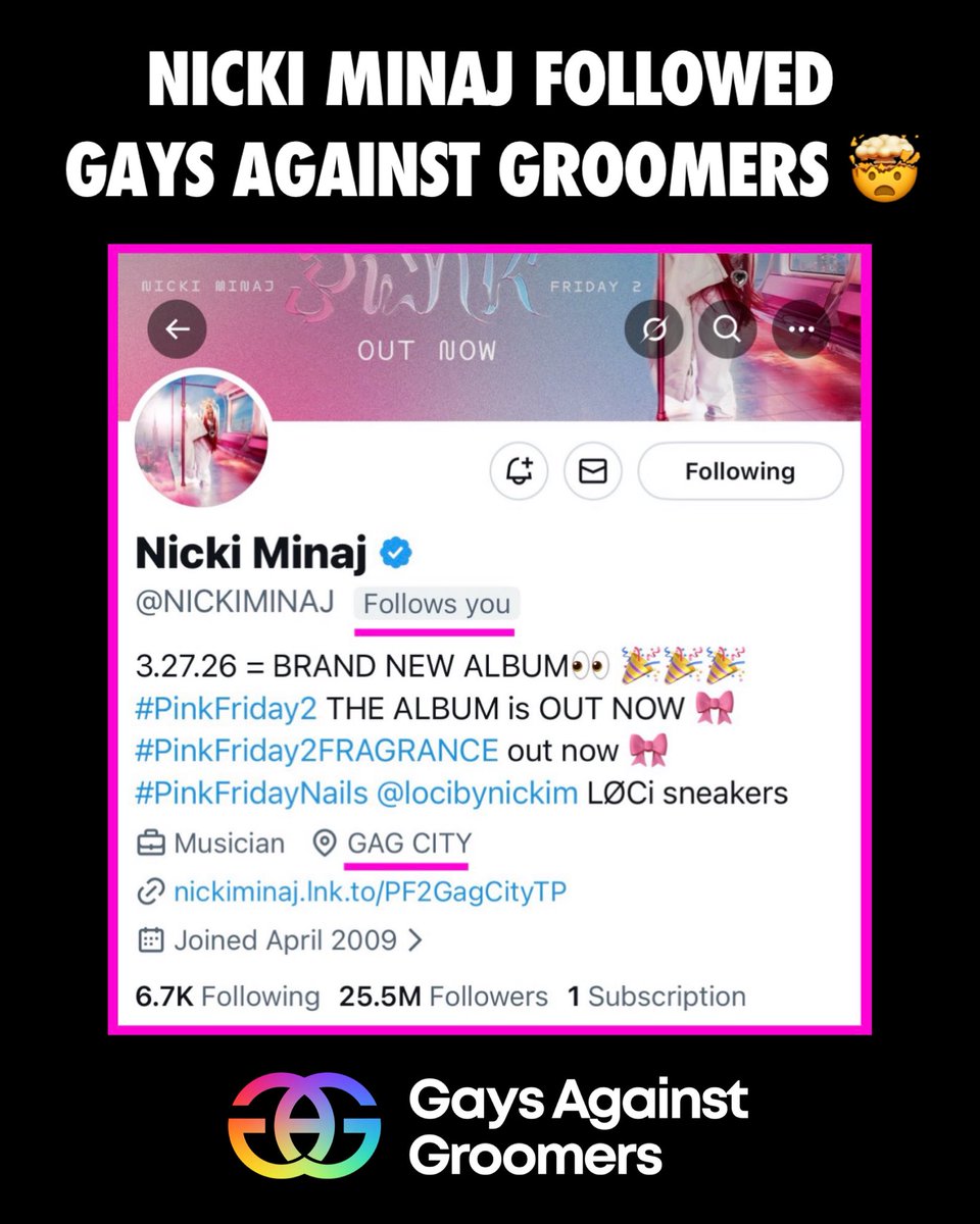 againstgrmrs's tweet image. We just noticed that QUEEN @NICKIMINAJ follows our organization! We are so grateful to have her support, and even more so that she has been speaking out against the transing of kids! 

Talk about G.A.G. CITY 🔥💥
We should collab 😏