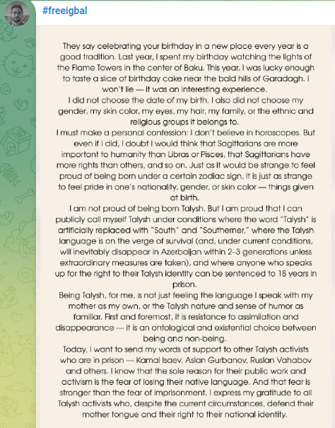 Nigar2002290730's tweet image. On his birthday, Igbal sent a letter

"Being #Talysh, for me, is not just the feeling the language I speak with my mother as my own, or the Talysh nature, and the sense of humor as familiar. First and foremost, it's #resistance to #assimilation and #disapearance"
#FreeIgbalAbilov