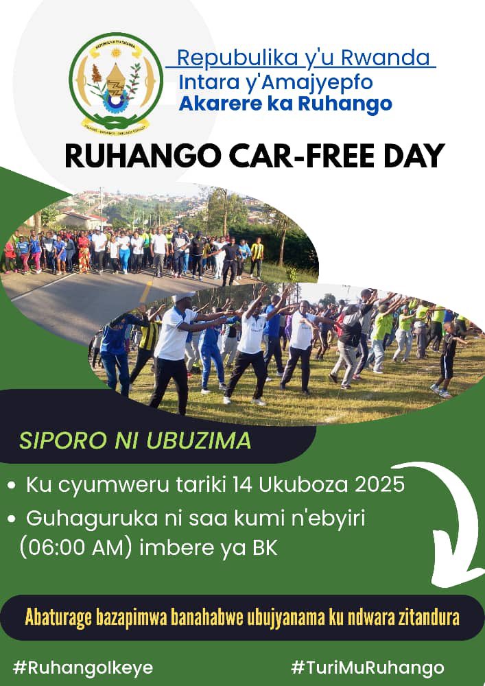 Muratumiwe muri RUHANGO CAR-FREE DAY kuri uyu wa 14 Ukuboza 2025 <a href="/RwandaLocalGov/">Ministry of Local Government | Rwanda</a> <a href="/Rwanda_Sports/">Ministry of Sports | Rwanda</a> <a href="/RuhangoDistrict/">Ruhango District</a>