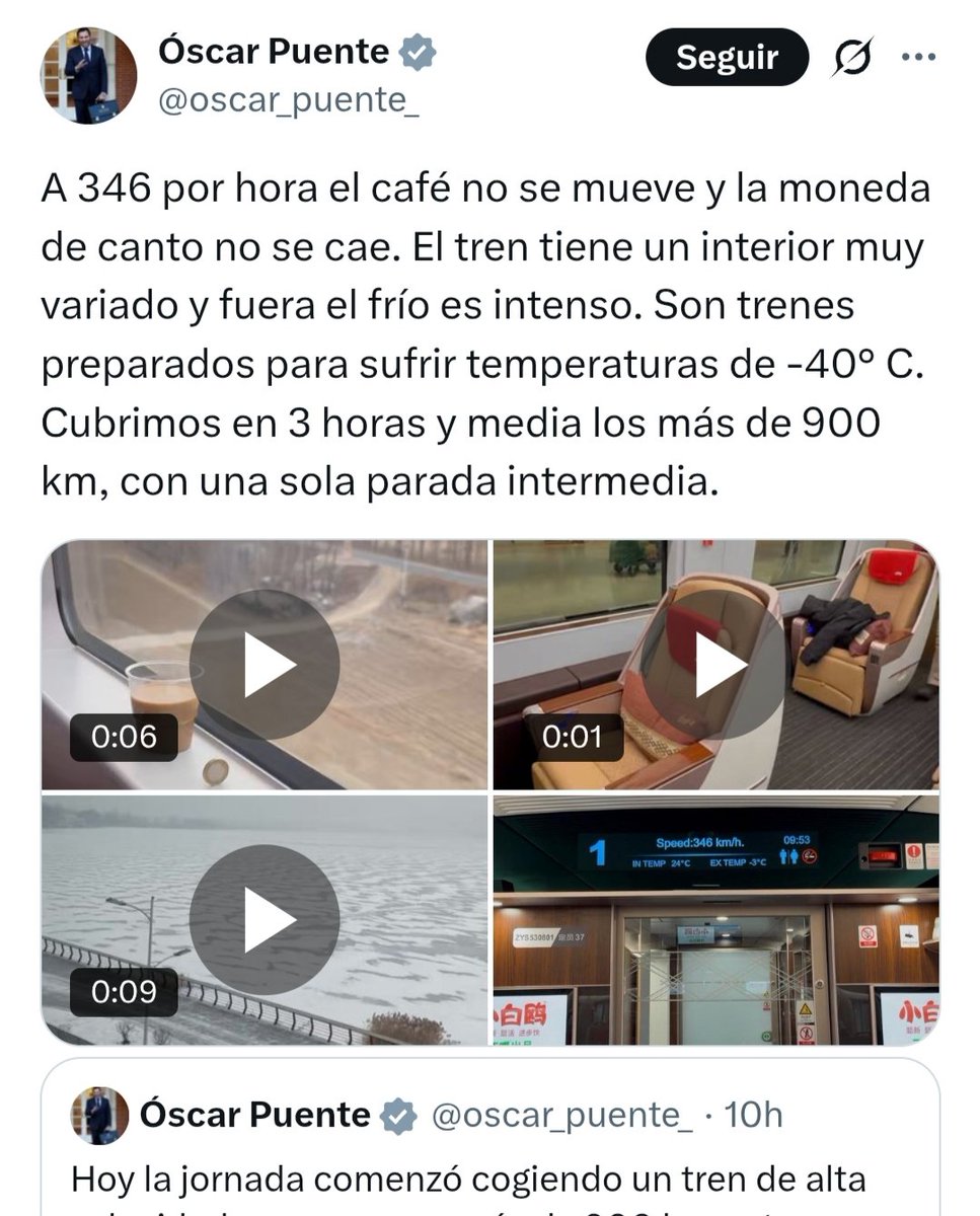 Ahora ya me he hecho ilusiones de q el señor ministro esté en China para comprarnos trenes q van a 346 km/h y el café no se mueve y la moneda de canto no se cae (importante). Con un interior muy variado y q guillotinen a quien ponga los pies en el asiento o le cante el ala.
