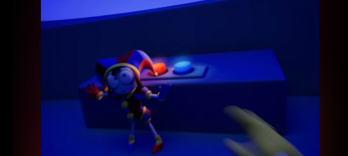 #TADCEp7 

Its come to my attention that the red and blue buttons could also symbolize a police light 

Kinda like what Jax could be afraid of if he were to return to the real  world, it's my theory that "What's waiting for him" is justice there.