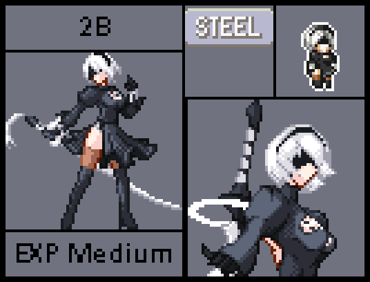 2B nears victory!

2B is one of the "Android" characters in the game. Replacing Fossils, you instead collect Blueprints that allow you to make Robotic Characters in the Android Lab.

She is a fast attacker with the Ability Download and an emphasis on set up and trapping moves.