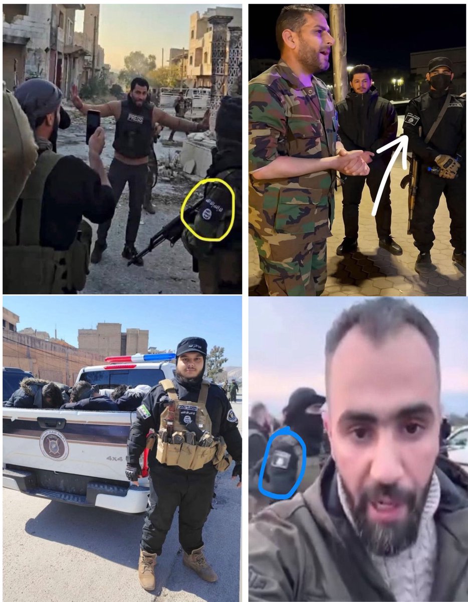 These are recent photos of the Syrian HTS-led "General Security" forces wearing the ISIS flag on their military uniforms all over Syria. There is no difference between ISIS and al-Jolani’s forces.

They are two sides of the same coin.