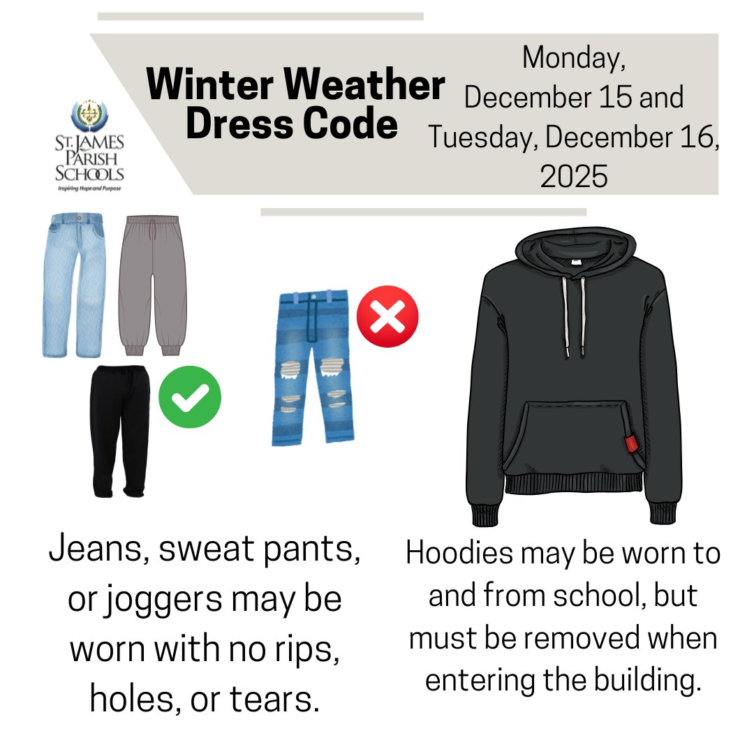 🥶 On Monday, December 15 and Tuesday, December 16 temperatures will drop. Students may dress down in warmer clothing following these guidelines. 🧤🧣