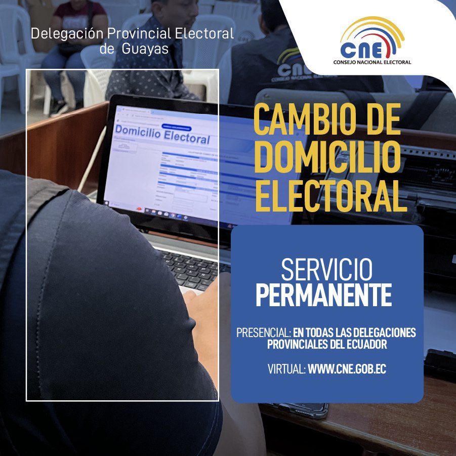 📍 Actualiza tu domicilio electoral y vota cerca de ti 🗳️
El servicio es permanente:
👉 Presencial en todas las delegaciones provinciales
👉 Virtual en 💻 cne.gob.ec