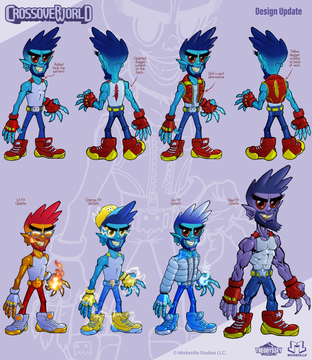 Mickezilla's tweet image. Updated Dirk’s design with striped tank straps to improve color balance and create stronger anchor points across the silhouette. Added a vest alt and updated all the Fits to match.

#DirkTheDuppy #CrossoverWorld #CharacterDesign #Mascoteer #OCArt #Redesign #AltFits #IndieComics
