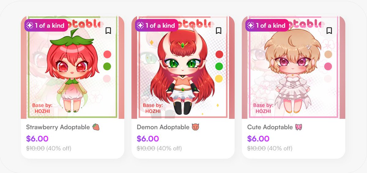 ✨¡ADOPTABLES ON OFFER!✨

The offer is 40% and will be available until the end of the year 🗣

Available on vgen ⬇ ⬇
You can send me dm for more details ❤✉

🔁+ ❤are appreciated!

#adoptable #adopt #artworks #adoptables #draw