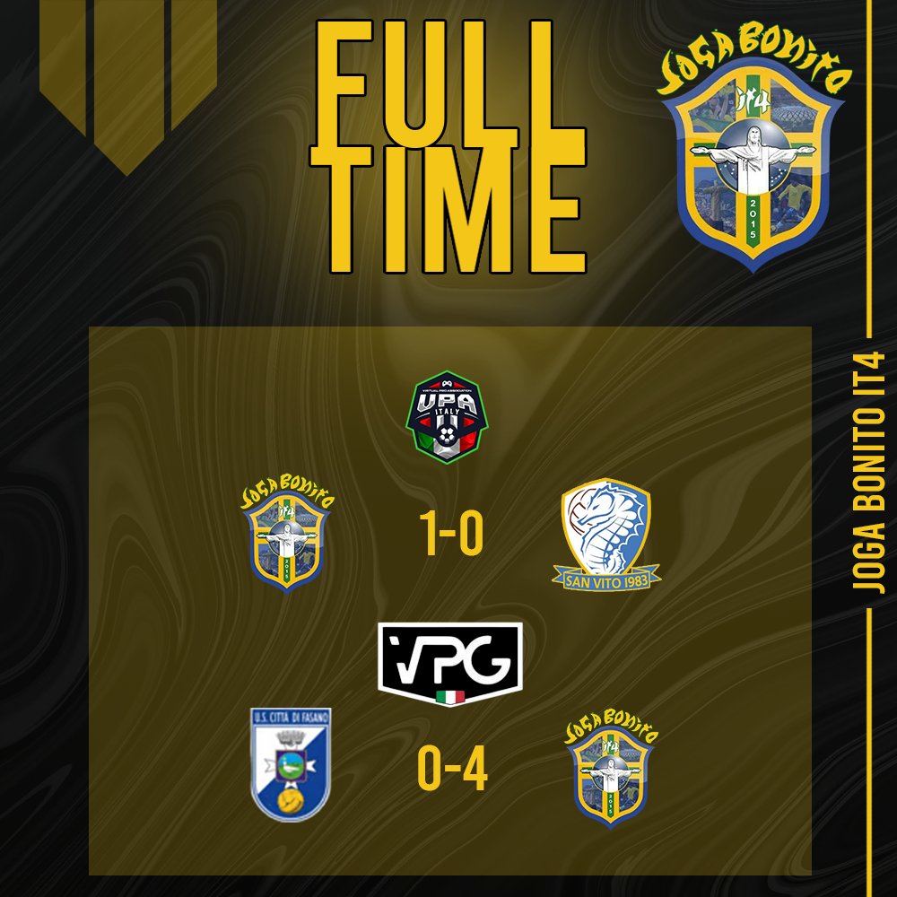 ⏱️| FULL TIME

🆚| <a href="/SANVITOJGR/">Jaguars</a> ✅1-0
🆚| <a href="/UsFasanoeSports/">LedgerThings UsFasano eSport</a> ✅0-4

⚽️| <a href="/IT4_Mbappe_10/">IT4_Mbappe</a>
⚽️👟| #IT4_Cassano
⚽️👟👟| <a href="/Ita_F_Totti10/">IT4_TOTTI🔟</a>
⚽️👟🏅| <a href="/Alessiolacascia/">Alessiolc</a> 
⚽️👟| <a href="/IT4_Vidic/">IT4_Vidic</a> 
🏅| <a href="/IT4_Hakimi/">IT4_Hakimi🇮🇹🇲🇦</a> 
 
#TifoJogaEMeNeVanto