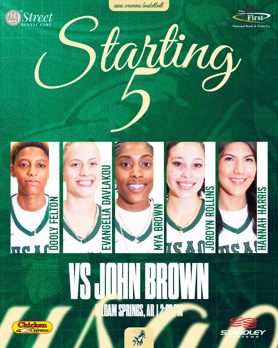 𝗦𝗧𝗔𝗥𝗧𝗜𝗡𝗚5⃣
 
🆚: JBU
⏰: 2:00 PM CT
📍: Siloam Springs, AR
🏟️: Bill George Arena
📺/📊: usaoathletics.com/composite
 
#DroverNation🏇 x #BleedGreen