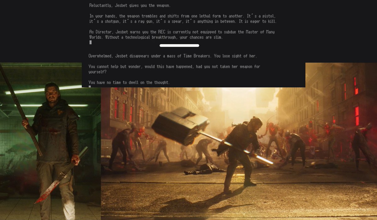 TheDogtor's tweet photo. The text adventure in ep3 of Night Springs was interesting to me, because one path seemed based on Zane/ Alan and another of Control, but the rest, I always presumed was "what if Quantum Break 2 was made?"
But looking back on it, it may have been #ControlResonant hints/ ideas? 👀 https://t.co/r8wLsAqCXQ