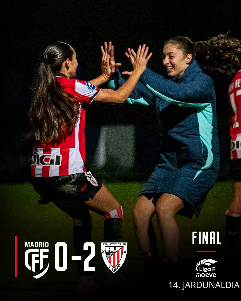 👏 ¡¡𝗙𝗜𝗡𝗔𝗔𝗔𝗔𝗔𝗟!!  

Gran victoria de las leonas, que siguen mirando para arriba cosechando la tercera victoria consecutiva gracias a los tantos de Gurtubay y Agote.

🥳 Zorionak, lehoiak! Lan itzela gaurkoa.

#MadridCFFAthletic #AthleticClubFem 🦁