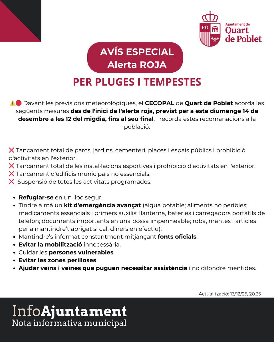 ⚠️🔴 Davant les previsions meteorològiques, el CECOPAL de Quart de Poblet acorda les següents mesures des de l'inici de l'alerta roja, previst per a este diumenge 14 de desembre a les 12 del migdia, fins al seu final, i recorda estes recomanacions a la població.