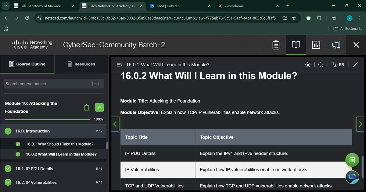 d_pcode's tweet image. Today, I completed modules 16 and 17 of the Cisco CyberOps Associate. I learnt about vulnerabilities in network attacks, IP service vulnerabilities and enterprises services.