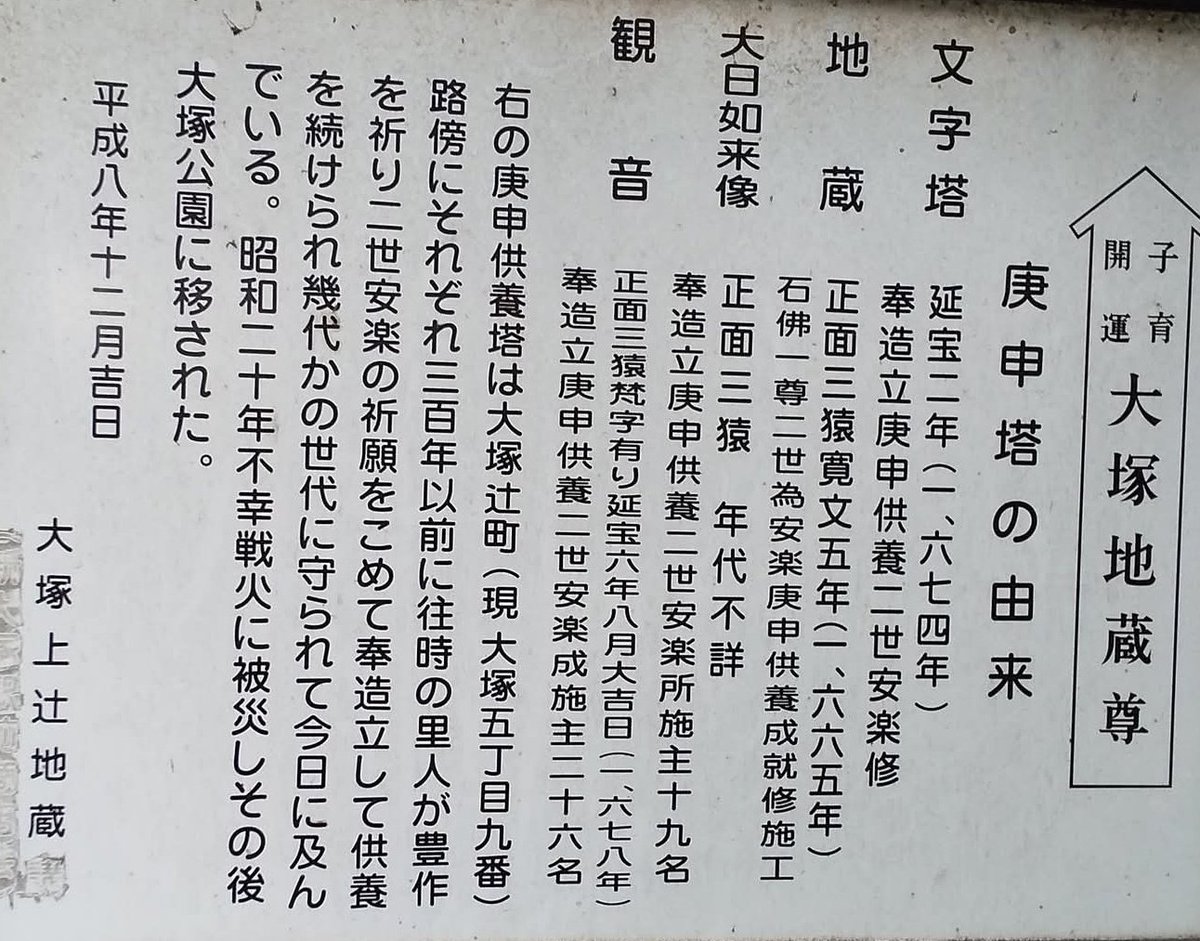 <a href="/CaptMurasha/">キャプテン村社</a> 文京区の大塚公園で同じような庚申塔を見た事があります
元々別にあった地蔵信仰と庚申信仰が一つに習合して生まれたのか？千葉の方にも同じような信仰があったとは面白いですね
ちなみに大塚公園には他にも大日如来に三猿の庚申塔や、観音様に三猿の梵字の庚申塔もありました
x.com/i/status/19047…