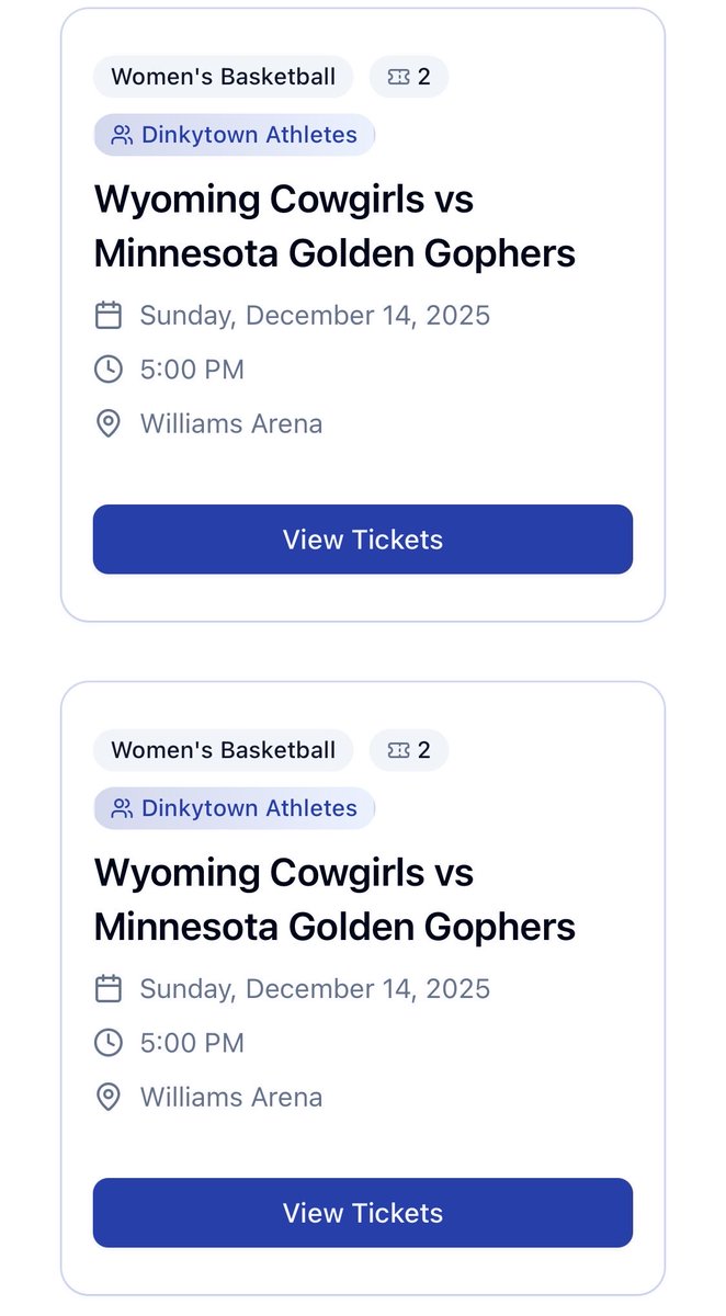 Two sets of two tickets for $5 for 14 December evening’s <a href="/GopherWBB/">Minnesota Women's Basketball</a> game with Wyoming. The purchase will support <a href="/DTAthletes/">DinkytownAthletes</a>.