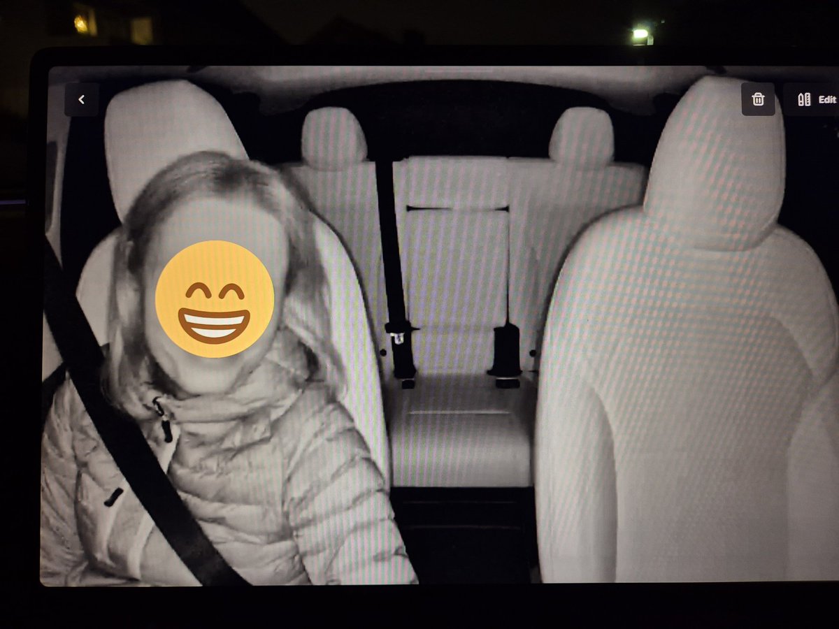 I trstet out the photobooth function.

Dark outside and no light inside the car. Kinda creepy vibe and amazing how much the interior camera sees 😳👻

Contrast is way off. I've got a black jacket on. It's a bit strange that the seat belts are still black.