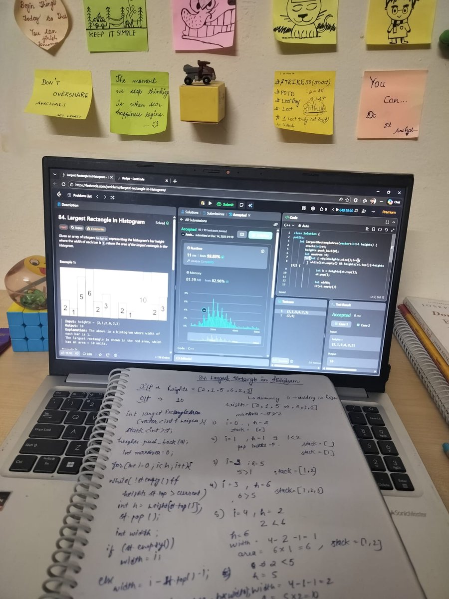 AnchalGupta009's tweet image. Day 54: Largest Rectangle in Histogram ✍️💻
Code on screen, logic on paper.
Monotonic stack for max area in linear time ⚡
Understanding &amp;gt; memorizing.
Code: github.com/anchal-dev/Lee…
#LeetCode #CPP #StackMagic #CodingLife