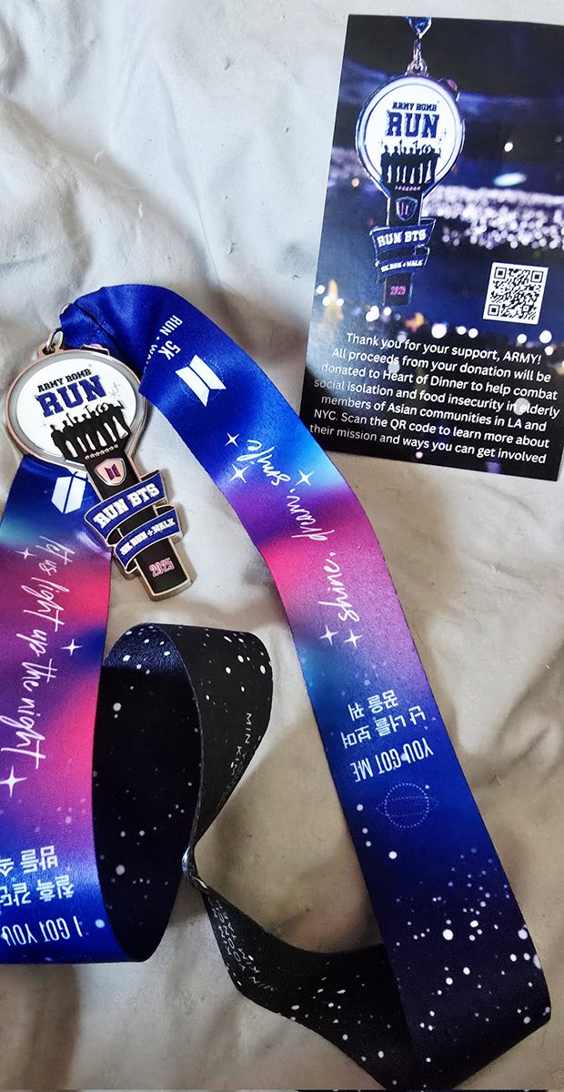 TangerineSun7's tweet photo. Took part in the ARMY Bomb 5K virtually today, kept company by great music. Waited to open the medal package until I'd completed my run and it's so pretty 😍 Still new to running but something like this keeps me motivated. So, thank you for organizing it @runBTS_5k 💜 
#runbts5k https://t.co/6JYewIgVmq