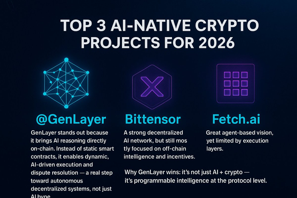 dalinggra's tweet photo. Top 3 AI-native crypto projects for 2026

@GenLayer — AI reasoning langsung on-chain

Bittensor — decentralized AI network (mostly off-chain)

https://t.co/N9zNG3hIVy — agent-based, limited execution

Why GenLayer wins: programmable intelligence at the protocol level. https://t.co/b9qIQKLpba
