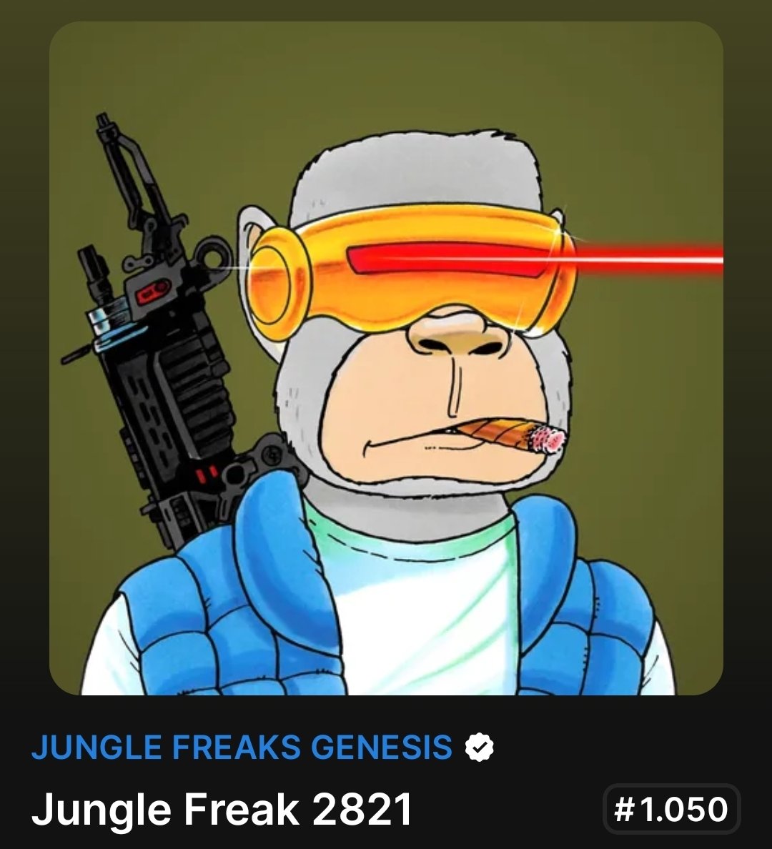 MiniGunBilly's tweet image. Chased this @JungleFreaksNFT beauty for 2 years. Today was the day... Bought ✅ Welcome t home boy 🫶🏻😎

#NFT