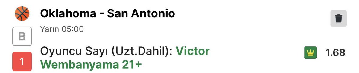 DoubleScreen23's tweet image. Victor Wembanyama 21+ Sayı 1.68

STAKE 7/10

Wembanyama Spurs hücumunun net 1. opsiyonu. Hem çember etrafında hem dış şutta hacmi var; ritim bulduğunda seri skor üretebiliyor. Oklahoma savunması sert olsa da Wemby’nin boy–menzil kombinasyonu eşleşmeyi sürekli zorlar.
21 baremi,…