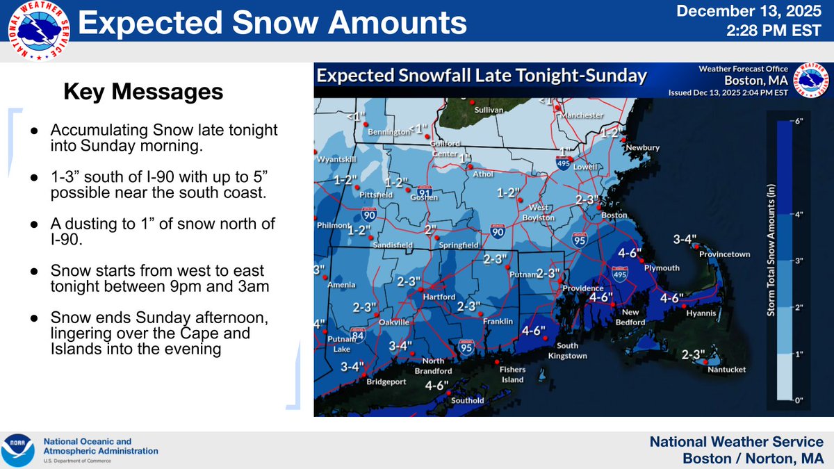 NWSBoston's tweet image. 12/13 PM Update:
Southeast MA counties added to the Winter Weather Advisory tonight-Sun
❄️Minor changes made to snow totals. Light accumulating snow likely, especially south of I-90 mainly late tonight through Sun.
⚠️Take it slow if traveling, especially Sun AM
#MAwx #RIwx #CTwx
