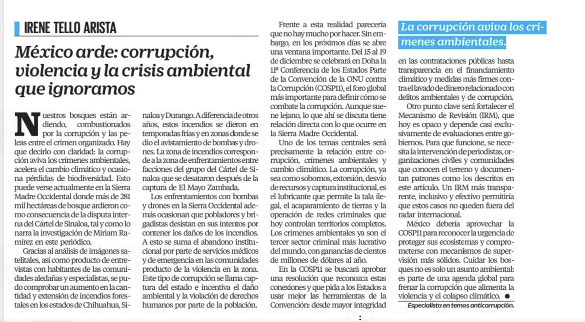 Más de 281 mil hectáreas de bosque quemadas en Chihuahua, Sinaloa y Durango no pueden explicarse sin hablar de captura del Estado.
Donde mandan los grupos criminales, el fuego avanza y el Estado retrocede.
La próxima Conferencia de la ONU contra la Corrupción (#COSP11) es una