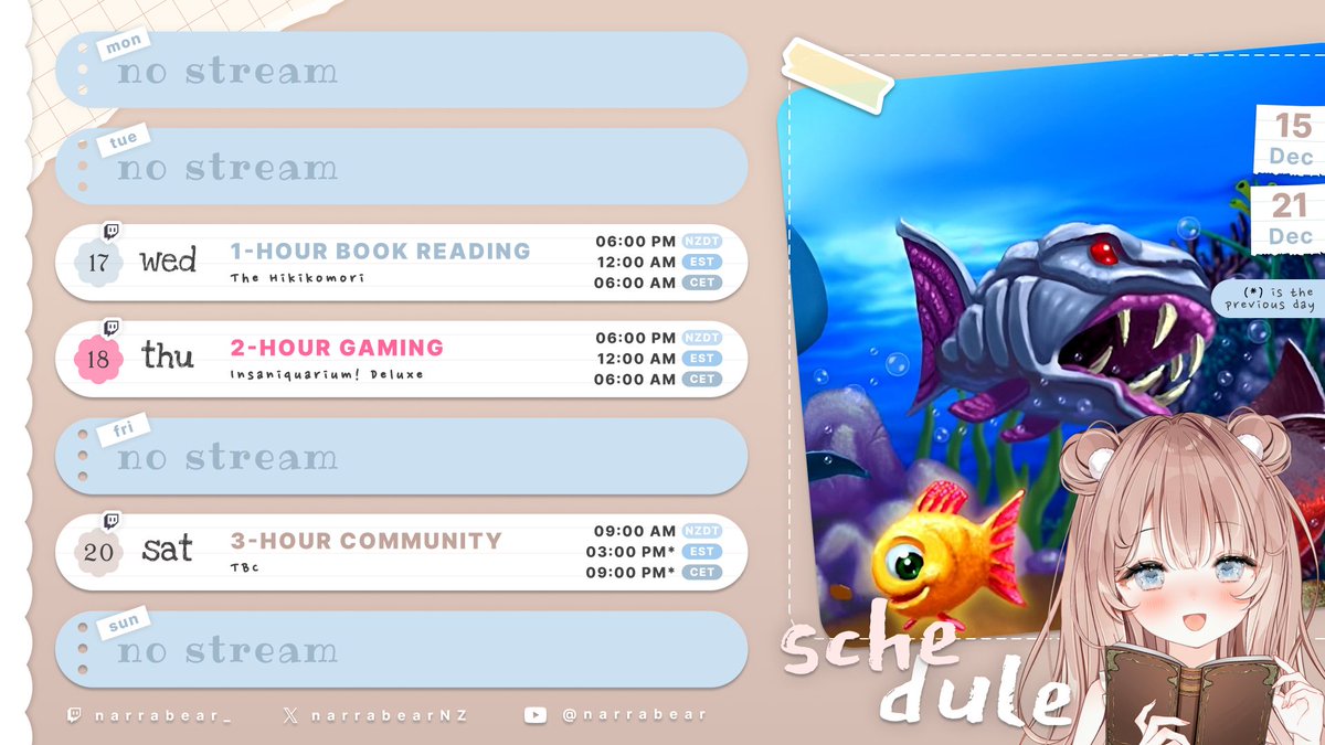 narrabear_'s tweet image. Yippee! Only one more week until narrathon! The last Community stream for 2025 will be on Saturday since I need to make sure everything is set up for narrathon on Sunday.

Visit us on our discord server to recommend what community game to play! Hope to see you soon!