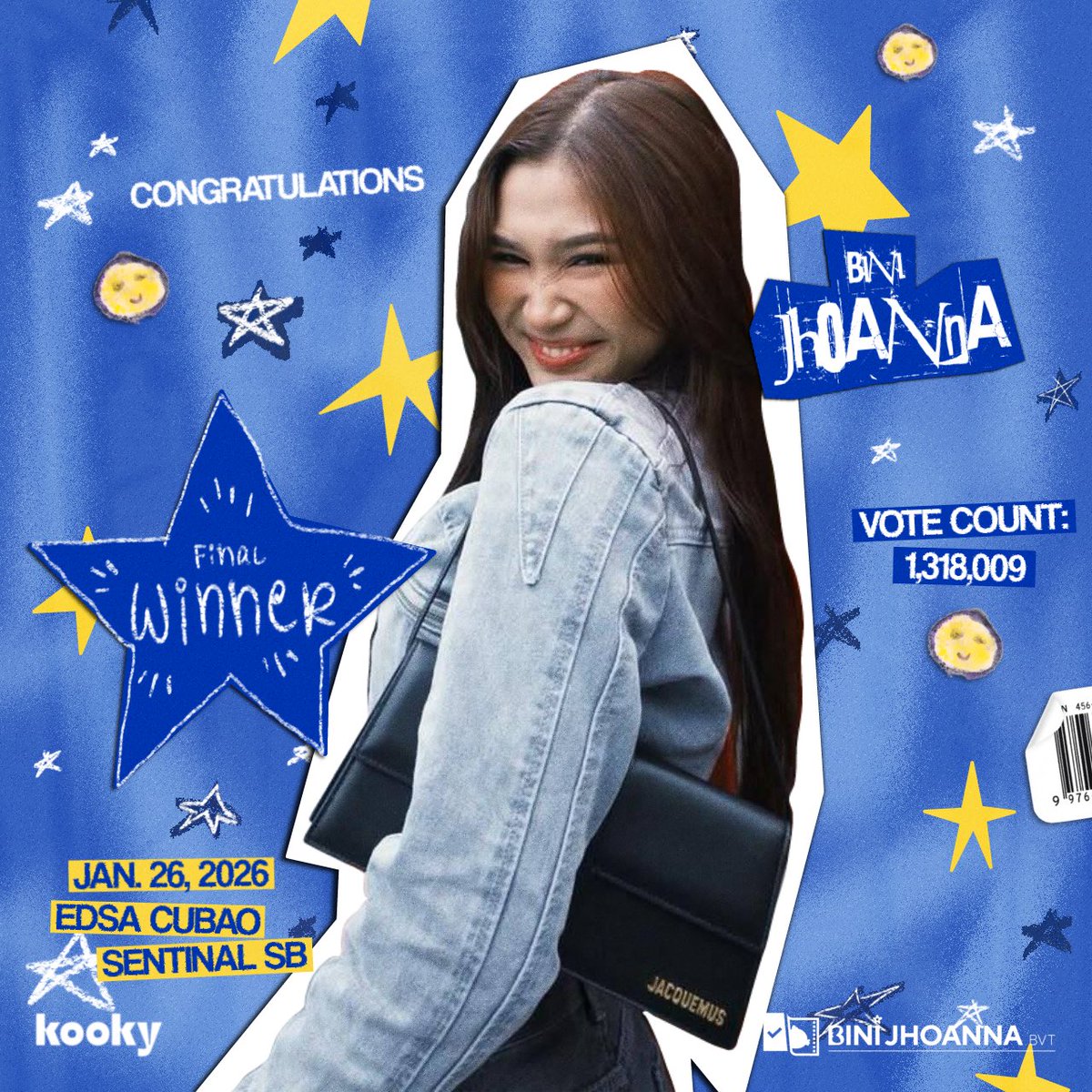 MANILA BILLBOARD ADS 🔜

Our leader, <a href="/bini_jhoanna/">Jhoanna Robles 🦋</a> , secured the LED billboard ad in Manila! Dominating the January Bday Fanmade Ads in Kooky voting with a massive 1,318,009 votes! 🌆💖

Thank you to everyone who collected, voted, and pushed tirelessly until the end. Your votes