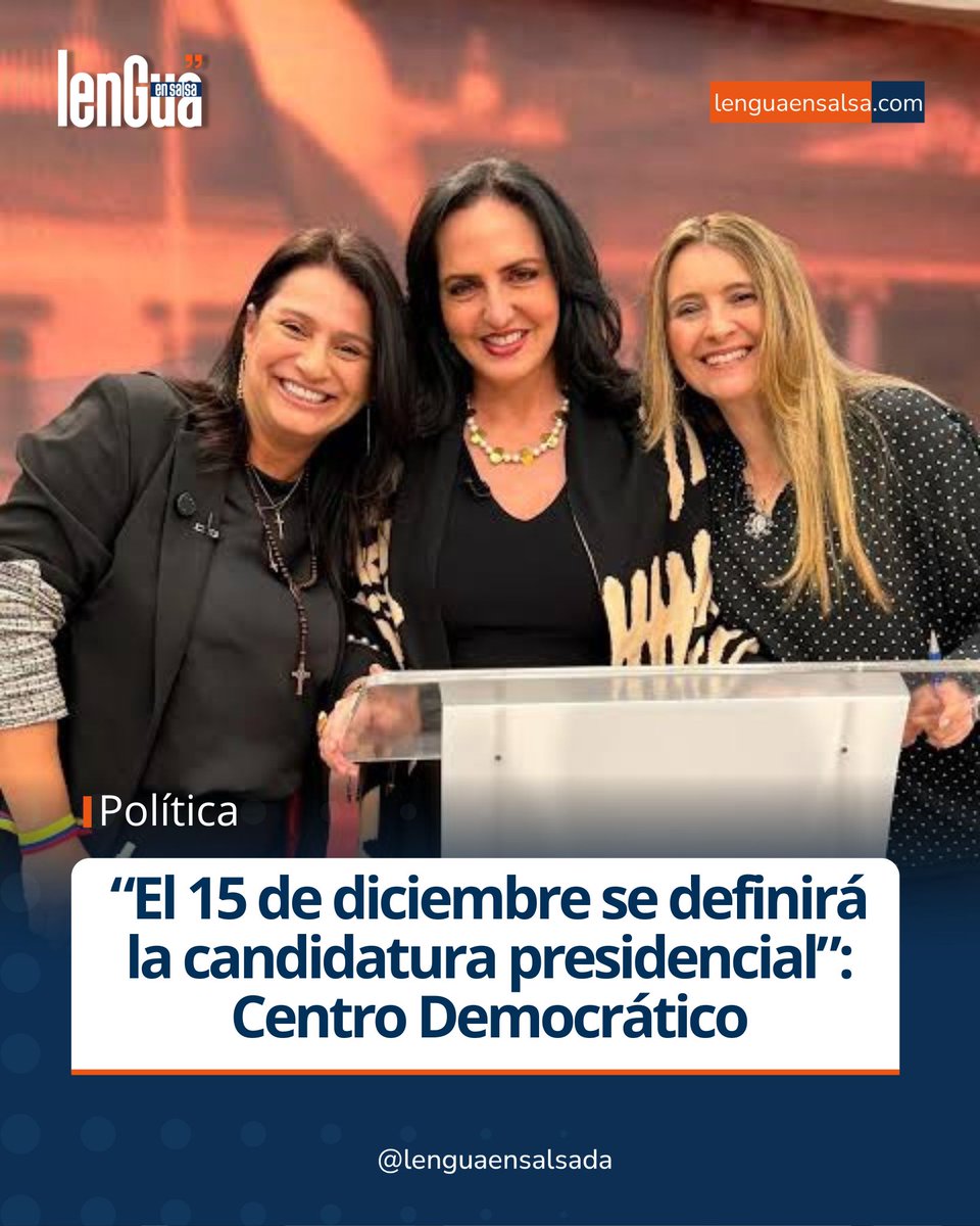 El <a href="/CeDemocratico/">Centro Democrático</a> anunciará a más tardar el 15 de diciembre quién será su candidata presidencial, tras conocer los resultados de la encuesta interna entre <a href="/PaolaHolguin/">Paola Holguín 🇨🇴</a>, <a href="/MariaFdaCabal/">María Fernanda Cabal</a> y <a href="/PalomaValenciaL/">Paloma Valencia L</a>. La decisión se conocería en los próximos días.