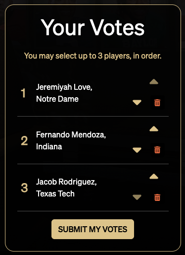 tbhorka's tweet image. My official 2025 Heisman Trophy ballot 

1. Jeremiyah Love (RB, Notre Dame)
2. Fernando Mendoza (QB, Indiana)
3. Jacob Rodriguez (LB, Texas Tech)