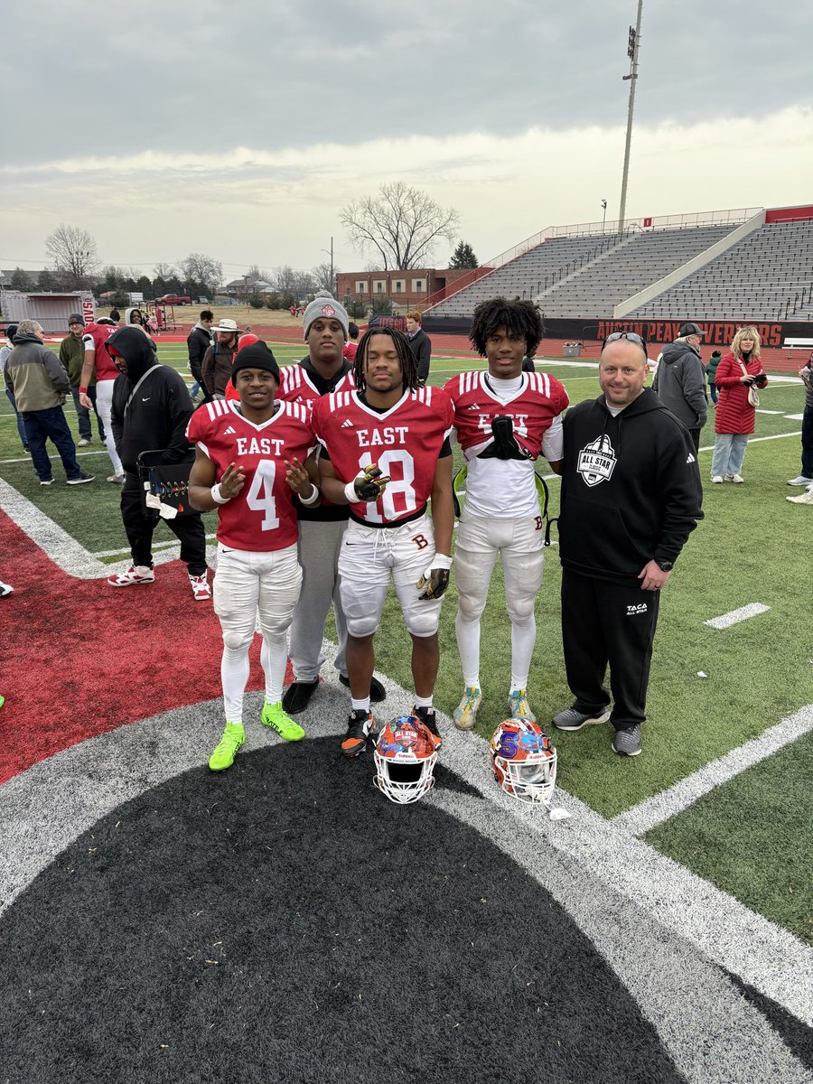 BlackmanFtball's tweet photo. Congrats to our Blackman All-Stars and @CoachJCrosby for the EAST Team victory in the TACA East West All-Star Game today! These guys have been a staple of success for our program and showed it on the field!! 
@KennedyJack73 @ADarien11Davis @larkjaden14 @TremelJ23 

#WeAreBlackman https://t.co/hnrrPsYi9M