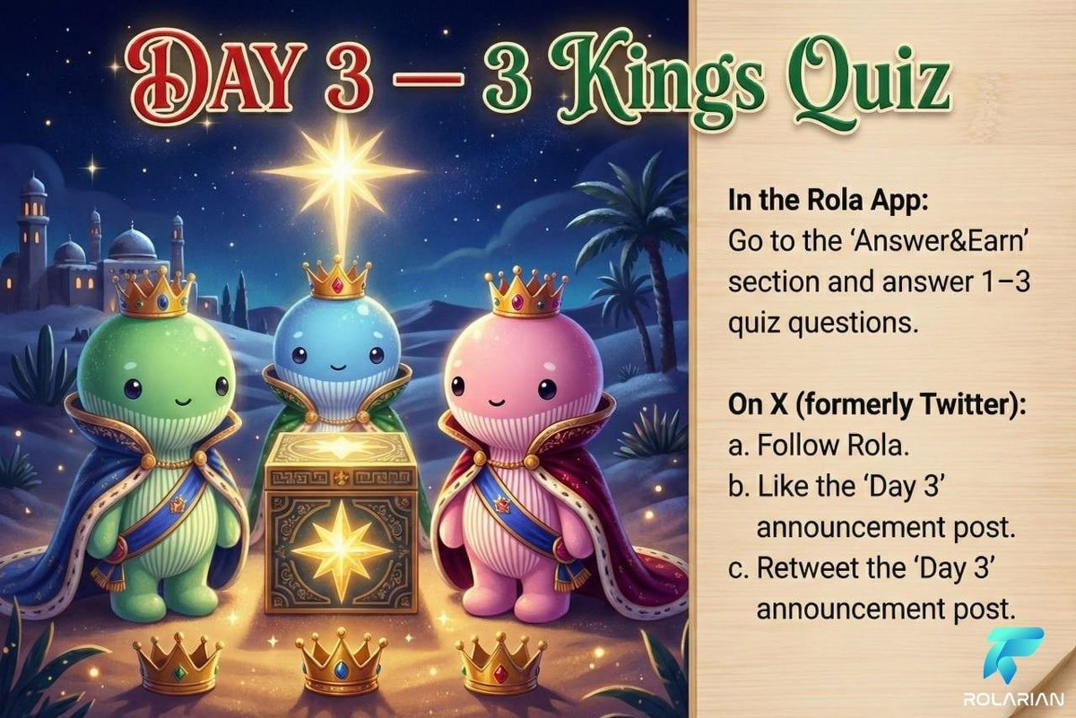 officialROLAai's tweet photo. 👑✨ Day 3: #RolarianChristmas' 3 Kings Quiz! ✨👑

➡️ Rola App: Answer quiz questions in 'Answer&Earn'.
➡️ X (Twitter): Follow, Like & RT 'Day 3' post.

Prizes up for grabs:
💰 USDC (₱165k value!)
💎 $ROLA Tokens
🎁 Surprise Packages
📱 iPhone 17!

Join now! 🌟

Further details :link in comments

#12DaysOfChristmas #3KingsQuiz #ChristmasGiveaway
#Web3 #Crypto #LFG
