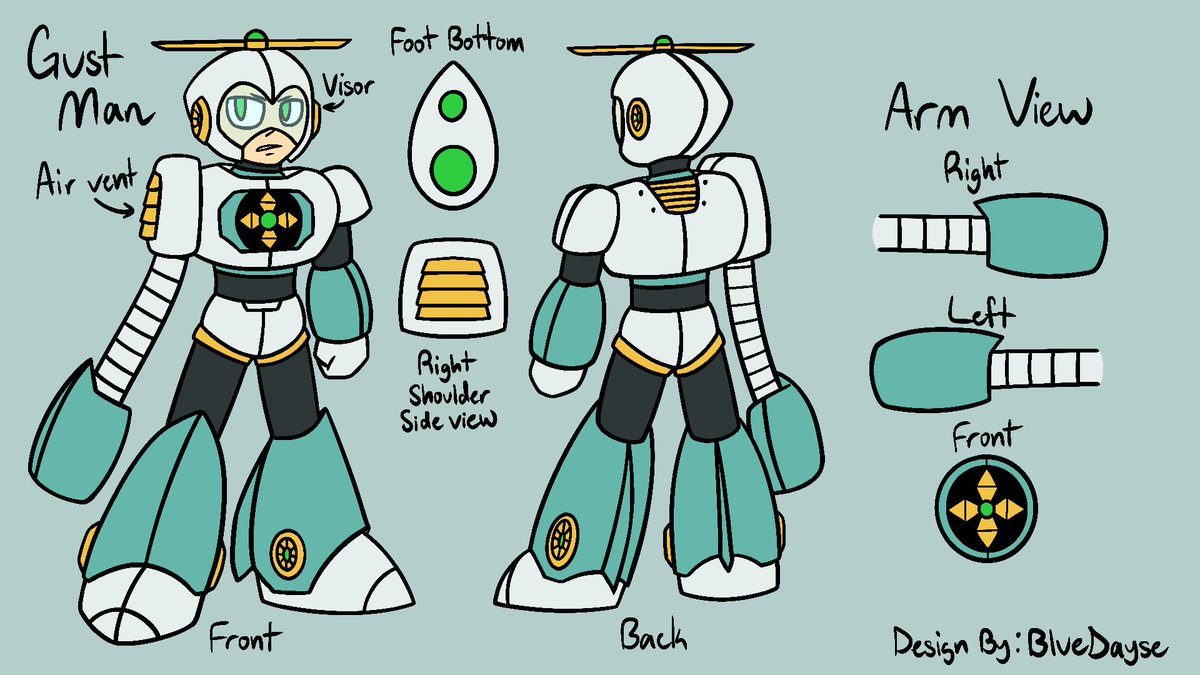 RealBlueDayse's tweet photo. For the Mega Man: Dual Override Robot Master Design contest, I give to you Gust Man, manipulator of winds! The turbine on his right arm acts as a suction to pull in air from the atmosphere!
Pen Name: BlueDayse

#MegaManDO #DesignARobotMaster https://t.co/EKNSbZT21Z