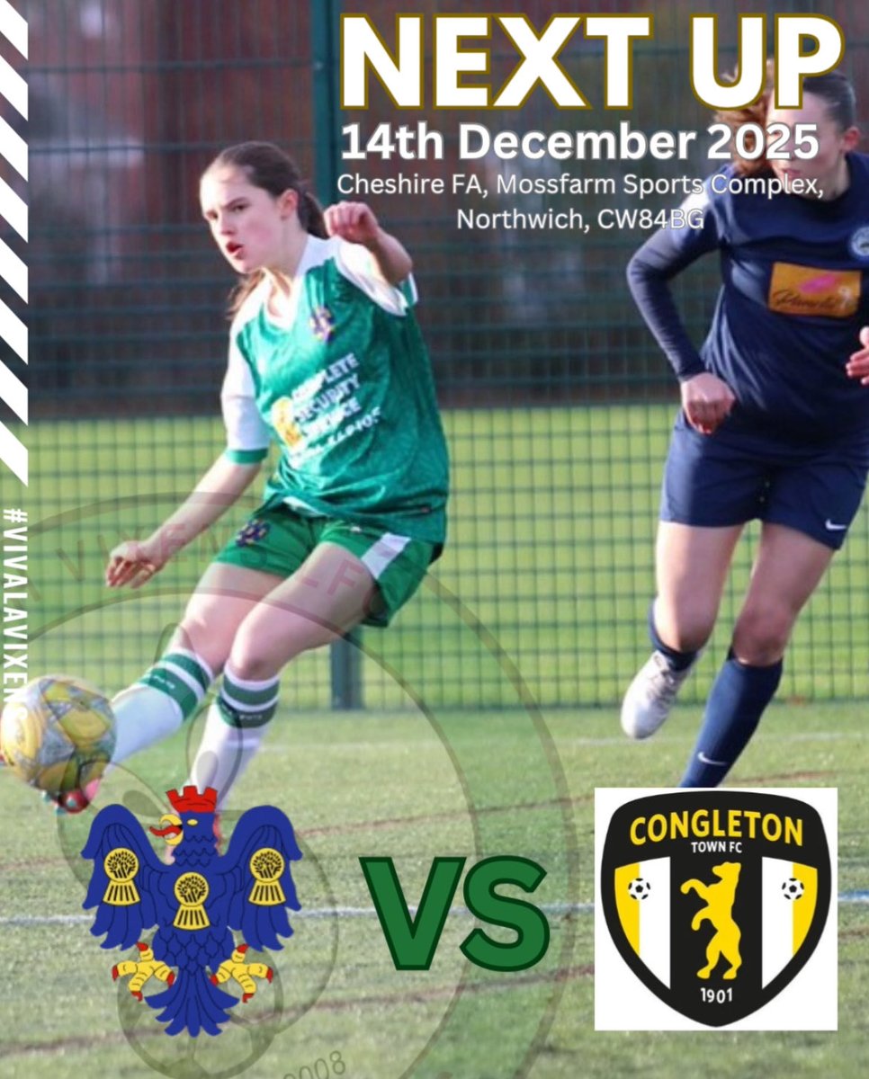 𝐍𝐄𝐗𝐓 𝐔𝐏 -𝘷𝘴 Congleton

No game for our U18 team until the new year. Join us at Mossfarm Sports complex where our first team play at 2pm! Hope to see you there.

📆 | Sunday 14th December 
⏰ | 2pm KO
🏟️ |Cheshire FA, CW84BG

#Vics | #Vixens | <a href="/CheshireWYFL/">Cheshire Women's and Youth Football League</a>