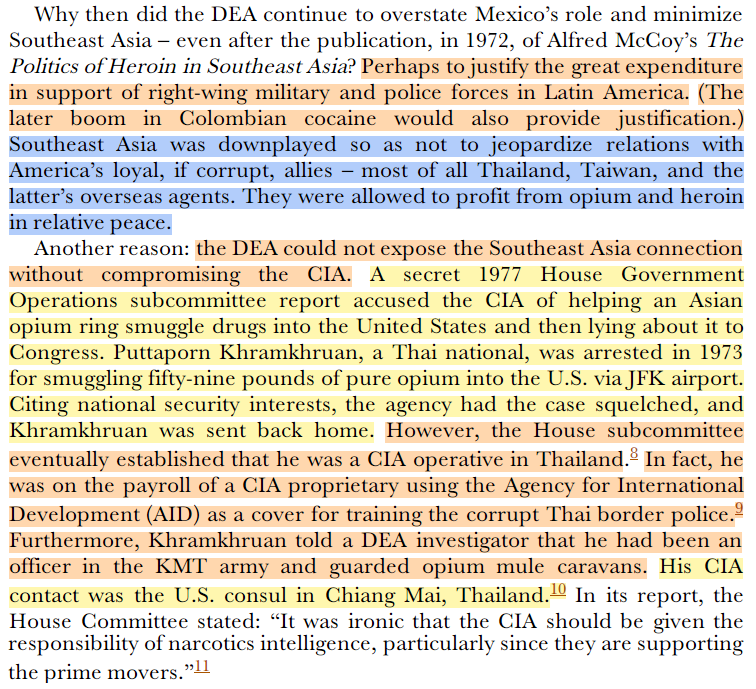In the 1970s, the US was facing a heroin epidemic. The DEA blamed Mexico while hiding that most of the supply actually came from Southeast Asia, a lie necessary to protect CIA drug-trafficking operations and justify funding for right-wing forces/death squads in Latin America.