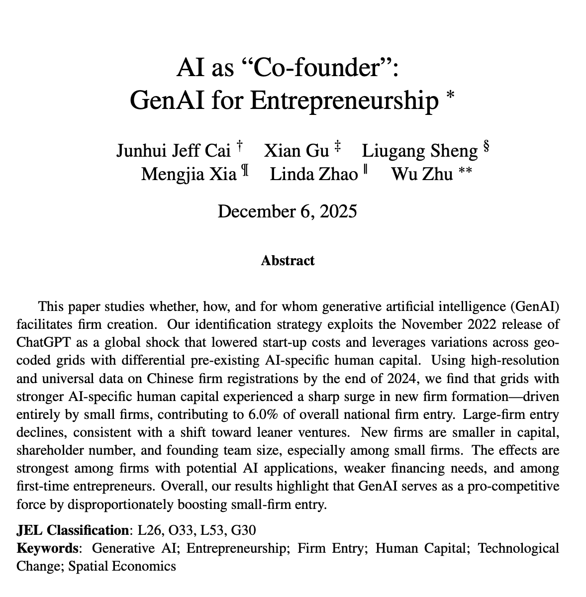 這篇論文證實了我的一個直覺, 自從2022年底chatgpt 爆火之後,越來越多的人出來創業。
全國超過41萬名註冊的企業。
這些企業的特質非常一致:
註冊資本更少、合夥人更少、管理階層更少。
公司更輕、結構更簡單。
論文也提到, AI