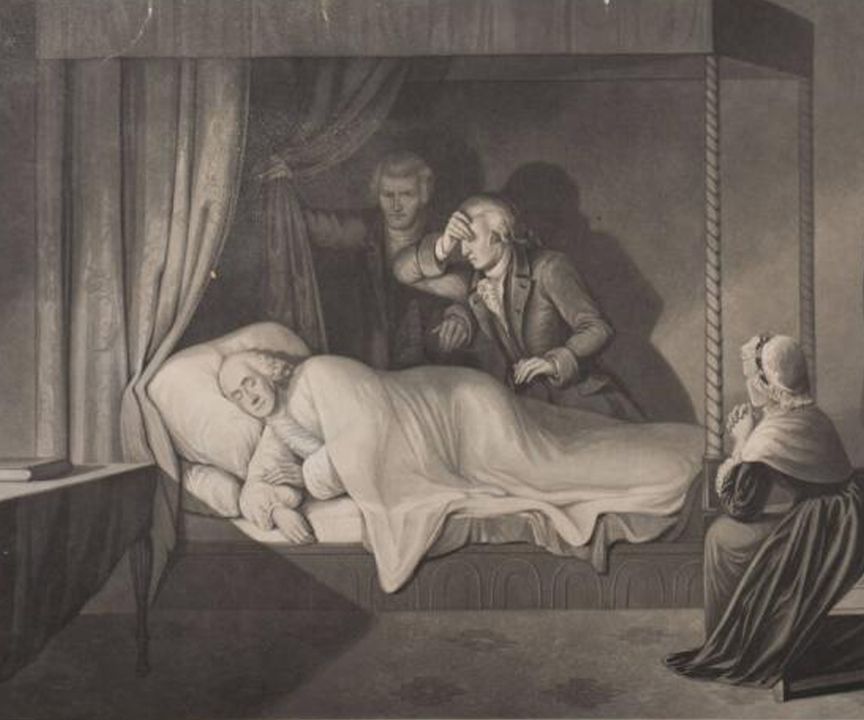 MountVernon's tweet photo. Around 2 a.m. on December 14th, 1799, George Washington woke up struggling to breathe and barely able to speak. 

His three doctors diagnosed him with quinsy, a generic term for a swelling of the throat. Washington was given a mixture of vinegar and sage tea to gargle, “but in attempting to use the gargle he almost suffocated.” 

Washington likely died from a case of acute bacterial epiglottitis, which is treatable with modern antibiotics. 

Learn more about Washington's death here: https://t.co/ntEa8GcBXI

(Image Credits)
"The Last Moments of Washington" after James Duthie, 1861. Courtesy of the Mount Vernon Ladies' Association.