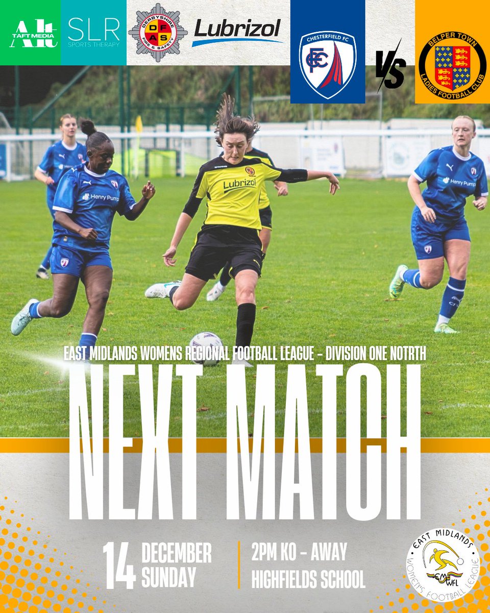 𝐓𝐇𝐈𝐒 𝐒𝐔𝐍𝐃𝐀𝐘:

📑 EMWRFL Division One North

🆚 Chesterfield Community FC Women 

🗓️ December 14th, 𝟤𝟢𝟤5

⌚️ 2𝖯𝖬

📍 Highfields School 3G Pitch
Lumsdale, Matlock, DE4 5NA

🖤💛