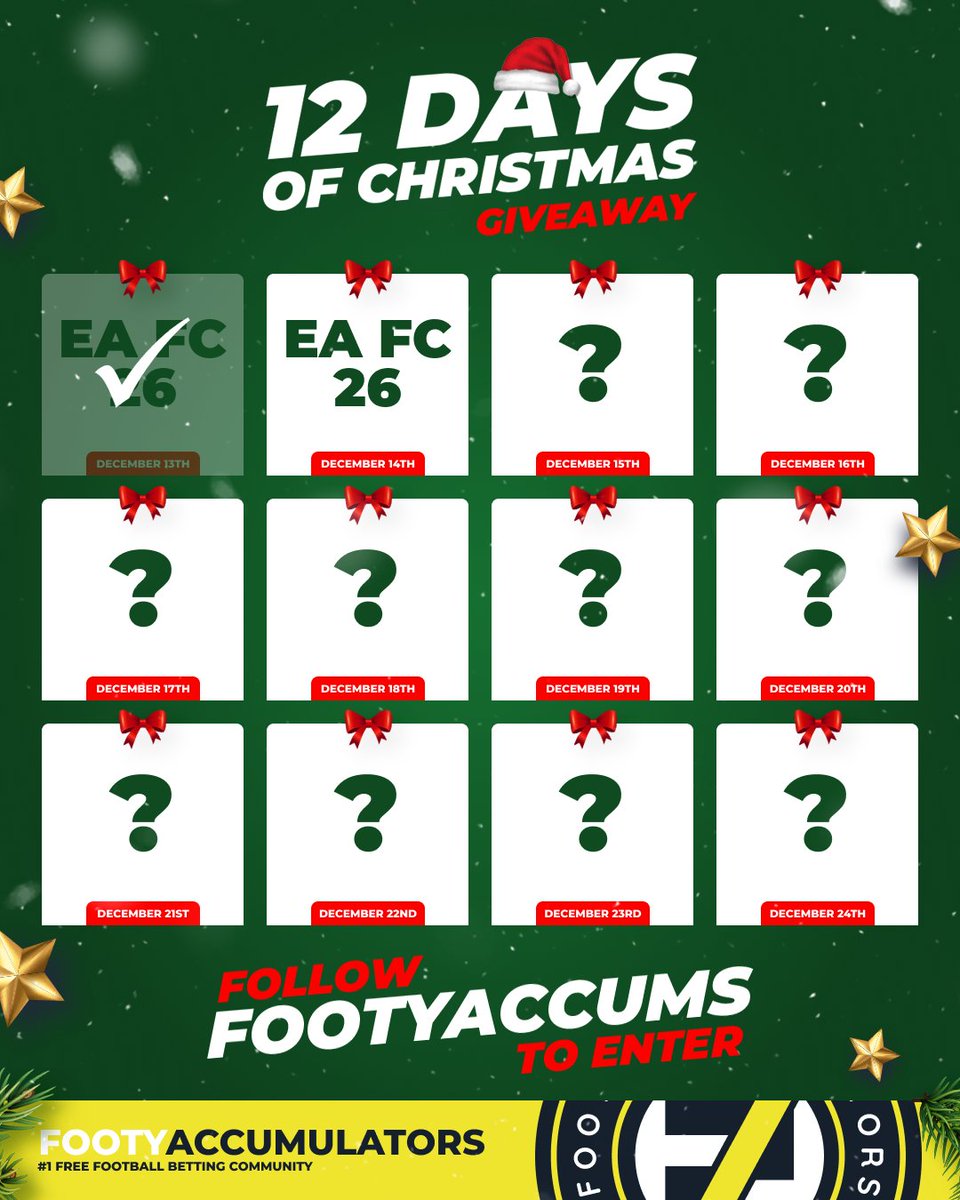 FootyAccums's tweet image. DAY 2 OF OUR 12 DAYS OF GIVEAWAYS! 🚨

Win a copy of EA FC 26! 🎮

RETWEET &amp;amp; FOLLOW TO ENTER! ✅

Winner picked TONIGHT @ 10pm - good luck! 🙏