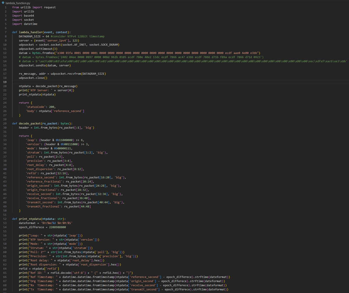 IchikawaYukko's tweet image. 👩🏻‍💻とりま現状のいちおー動くコードｗ 超絶ザツ実装なので、まだ改善の余地ありｗ(NTPサーバの死活監視用として作ったｗ) #Lambda #python #NTPv4
