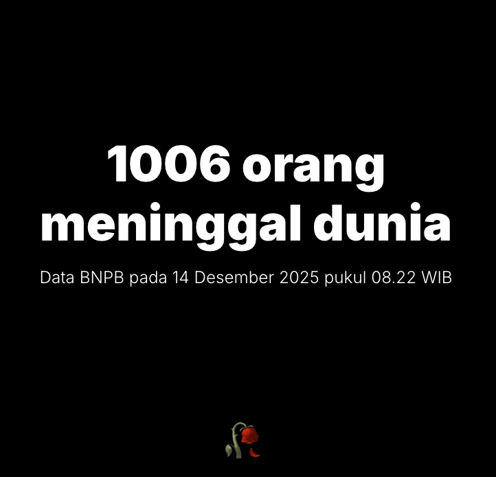🥀 Data Korban Bencana di Aceh, Sumbar, Sumut, hingga 14 Desember 2025 pukul 08.22 WIB 🥀

Alfatihah...
