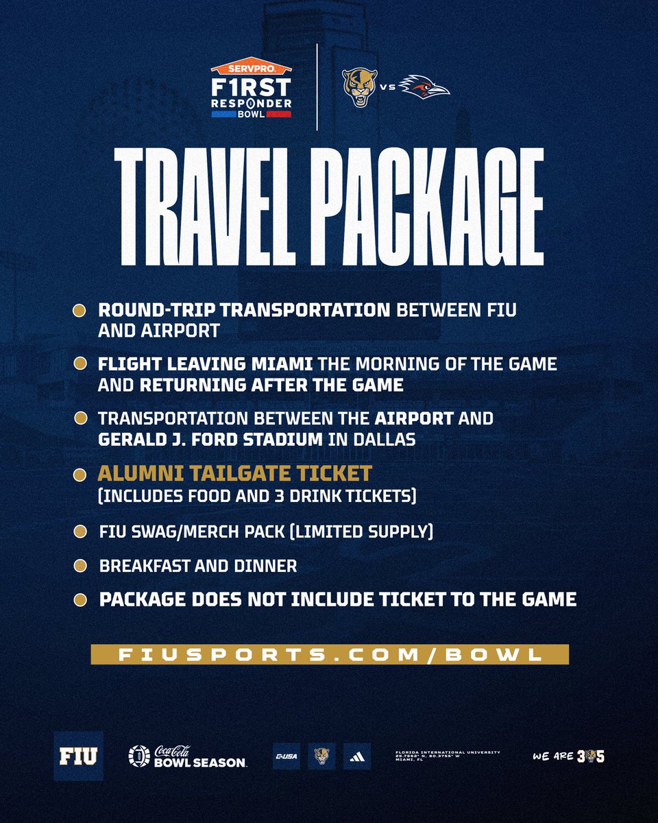 For local fans, a one-day travel package is available for non-students including a charter flight, meals, and a ticket to the <a href="/FIUalumni/">FIU Alumni</a> tailgate 😺

👉 FIUsports.com/Bowl