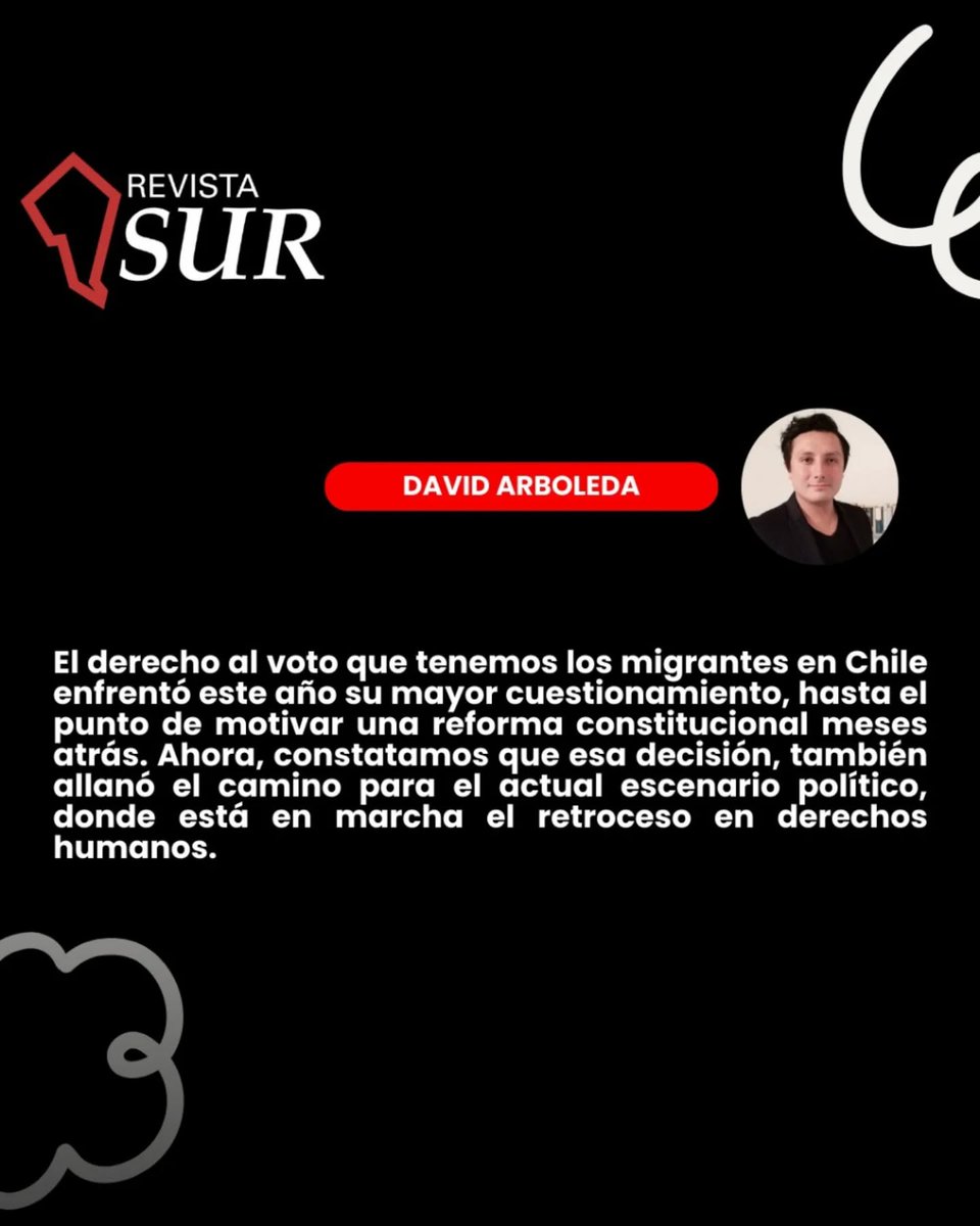 Te invitamos a leer el reciente artículo de <a href="/DavidArboledaGz/">David Arboleda (él)</a>, presidente de la Red de Periodistas Migrantes, en el que se analiza el uso de la #migración en el año electoral en #Chile, sus efectos sociales y lo que significa para la #democracia.

📌revistasur.cl/revistasur.cl/…