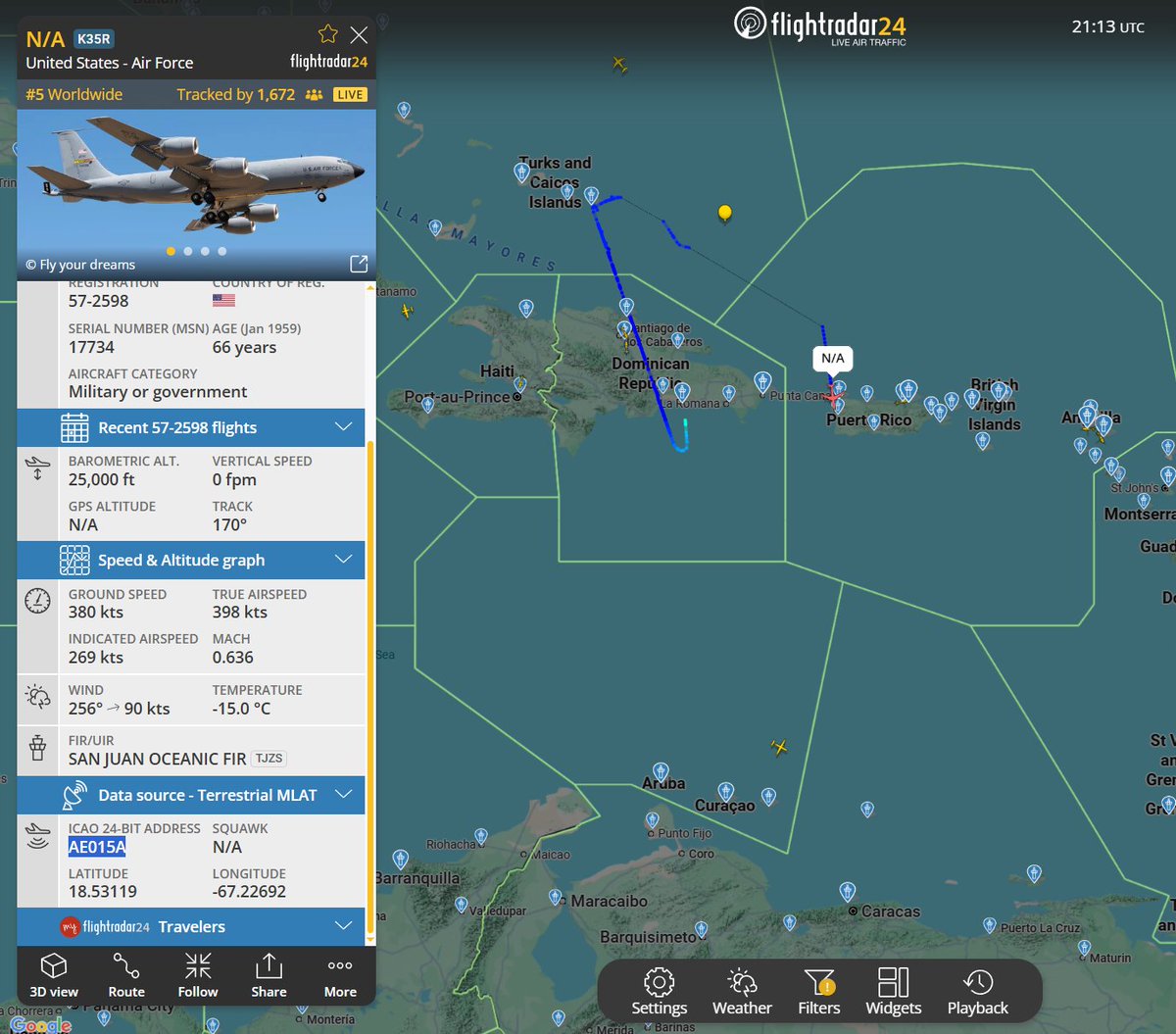 Flightwatcher1's tweet photo. #USAF KC-135R Stratotanker  
Matrícula: 57-2598  
Hex: #ae015a  
Desde Santo Domingo 🇩🇴, hasta la zona de reabastecimiento en vuelo AR332, podría estar en misión de asistencia a los USAF F-35A Lightning II del 158th Fighter Wing, que estaban pendientes de llegar a Ceiba 🇵🇷
#RepublicaDominicana #SOUTHCOM