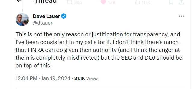 Would the real <a href="/dlauer/">Dave Lauer</a> please stand up?
Dave blocked me a LONG time ago when I called out his act, and yes it was an act as he was (probably still is ) affiliated with <a href="/FINRA/">FINRA</a> 
He doesnt think theres "much Finra could do given their authority" ? Huh?
Finra is ground zero in $MMTLP